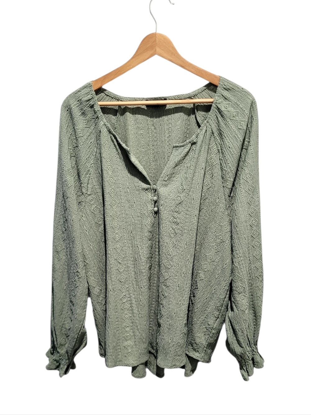 Frye Sage Green Textured Peasant Blouse XXL Boho Button Front Long Sleeve Top - Picture 2 of 10